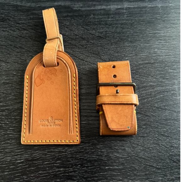 Authentic Louis Vuitton Vachetta Leather Name Luggage Tag And Poignet Set SN925 - Picture 1 of 5